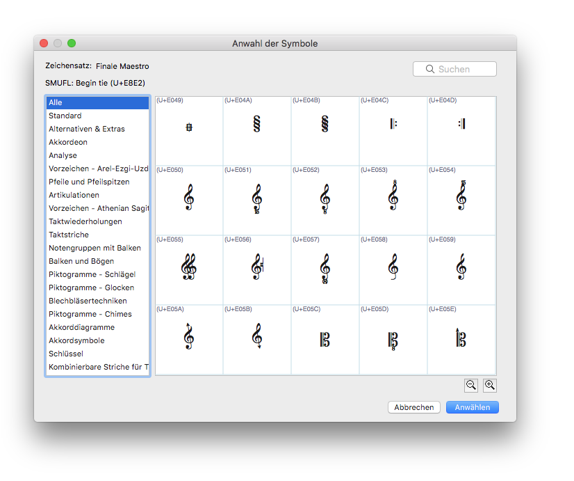 Dialogbox Anwahl der Symbole